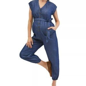Motherhood Maternity Chambray Jumpsuit with Tie Belt Jean Style